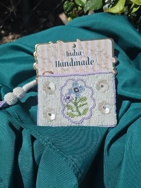 Handmade Beaded Floral Coin Purse- White & Purple Accents